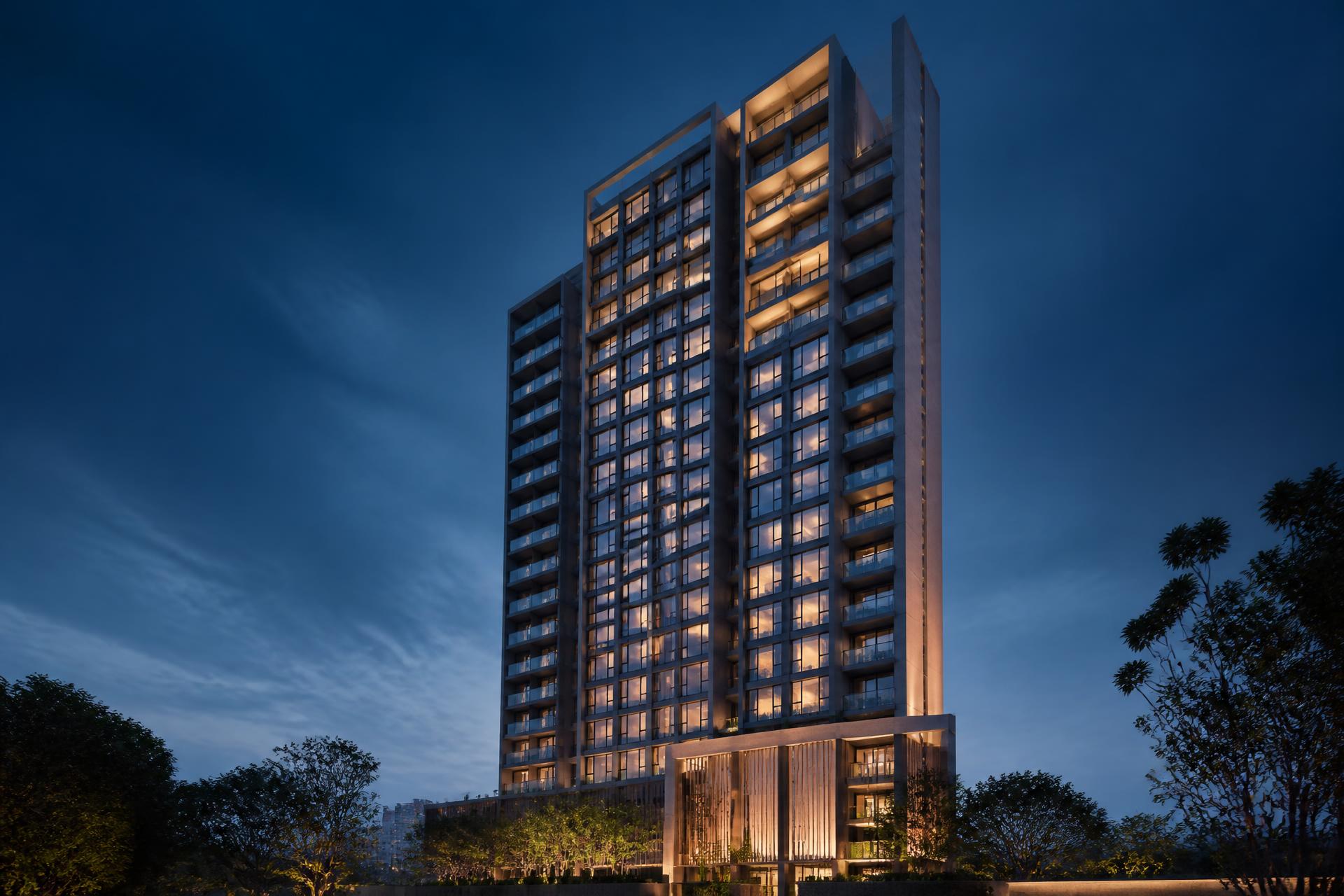 Luxury residential tower at blue hour